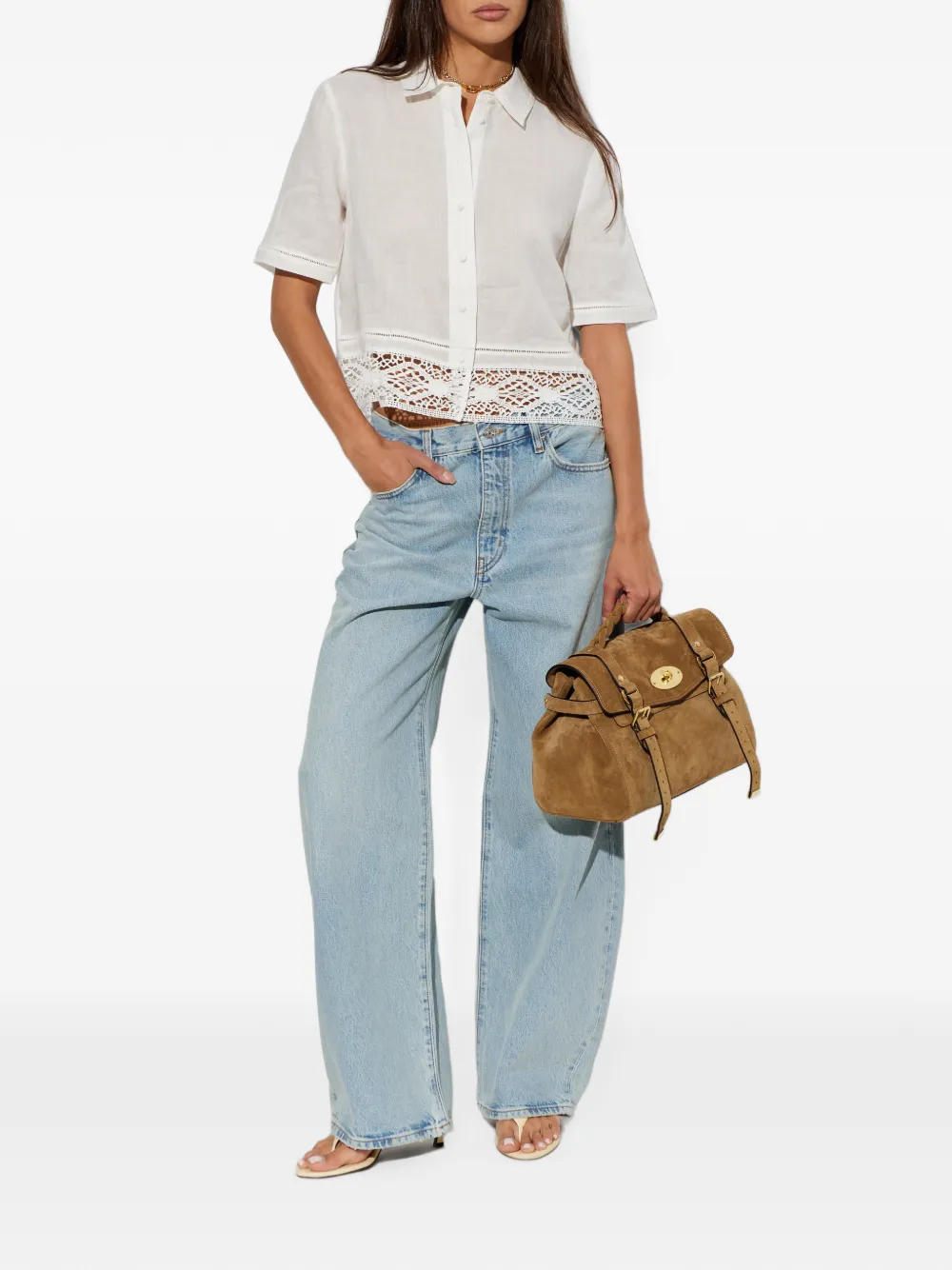 FRAME Heirloom blouse met korte mouwen en kanten afwerking Wit