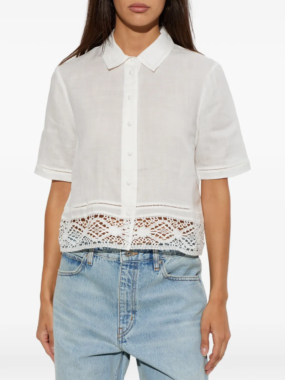 FRAME Heirloom blouse met korte mouwen en kanten afwerking Wit