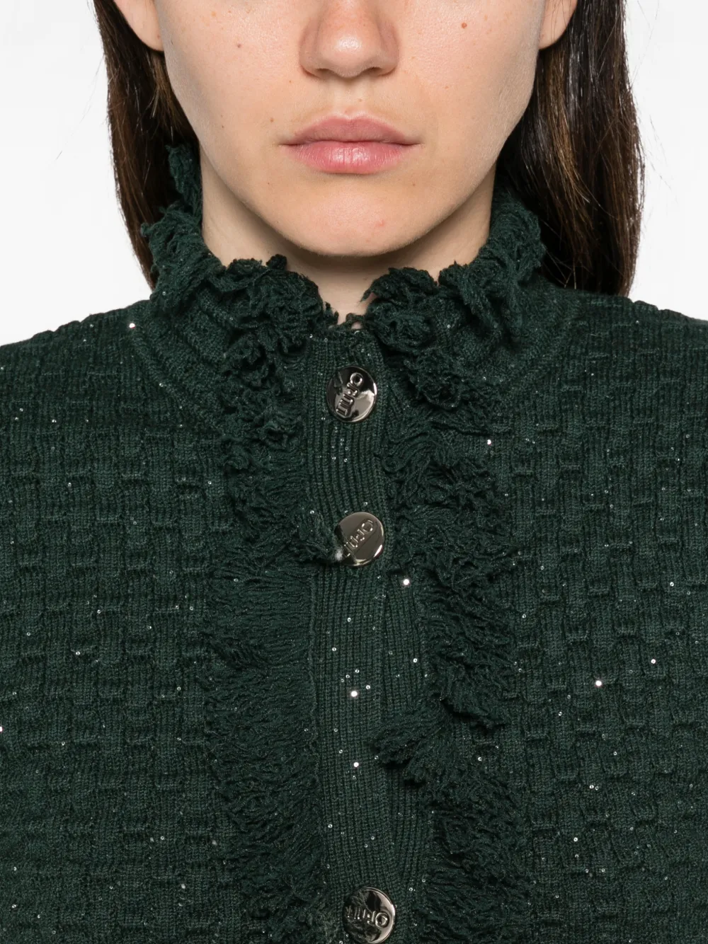 LIU JO Bouclé gebreid vest met ruches Groen