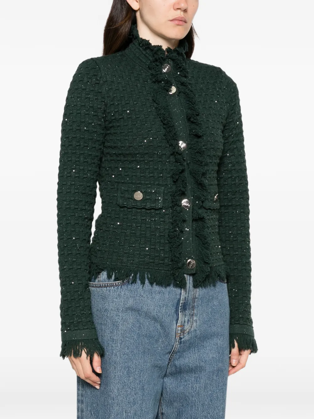 LIU JO Bouclé gebreid vest met ruches Groen