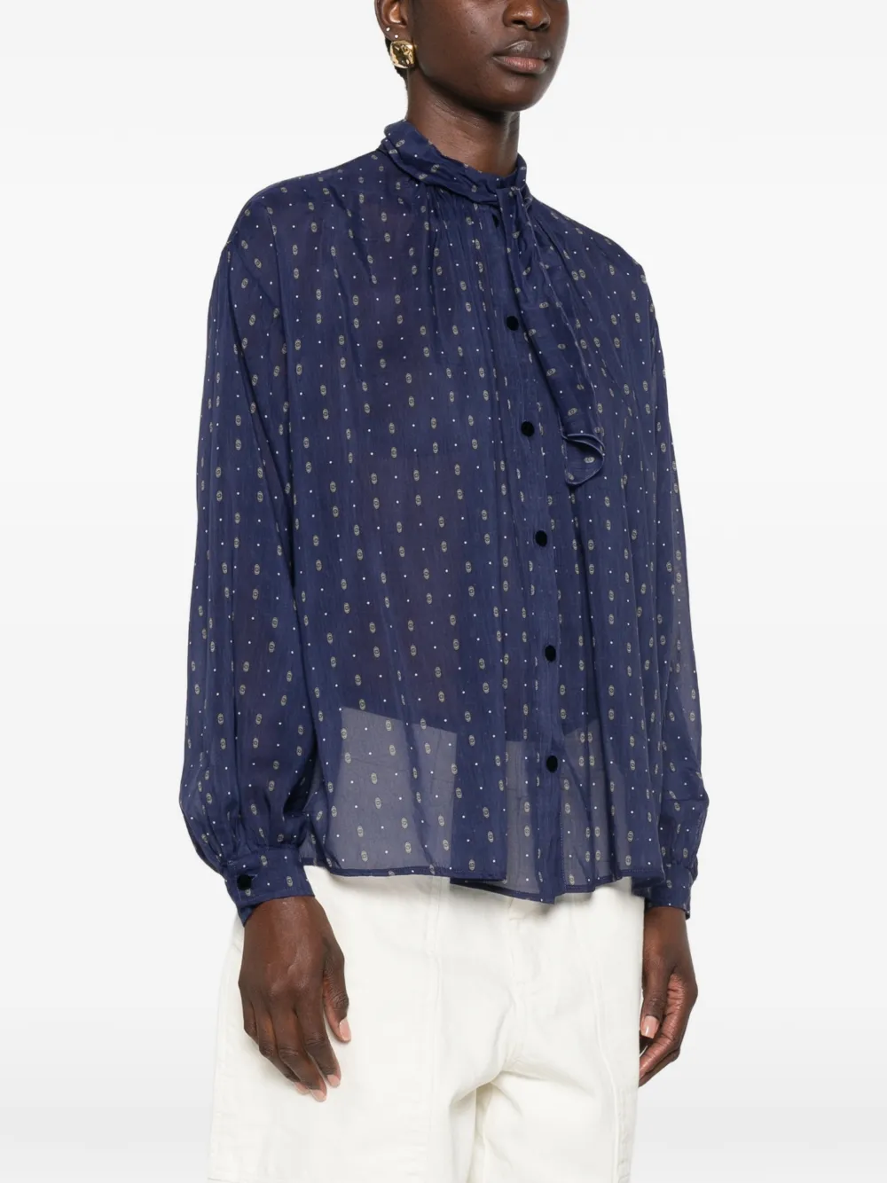 Forte Blouse met geometrische print en gestrikte hals Blauw