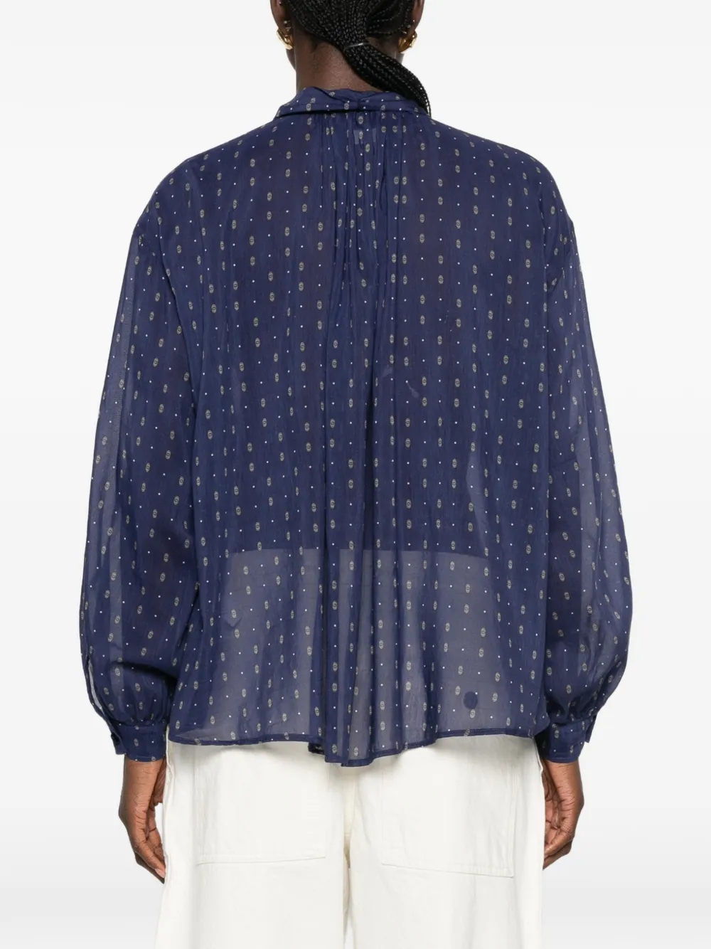 Forte Blouse met geometrische print en gestrikte hals Blauw