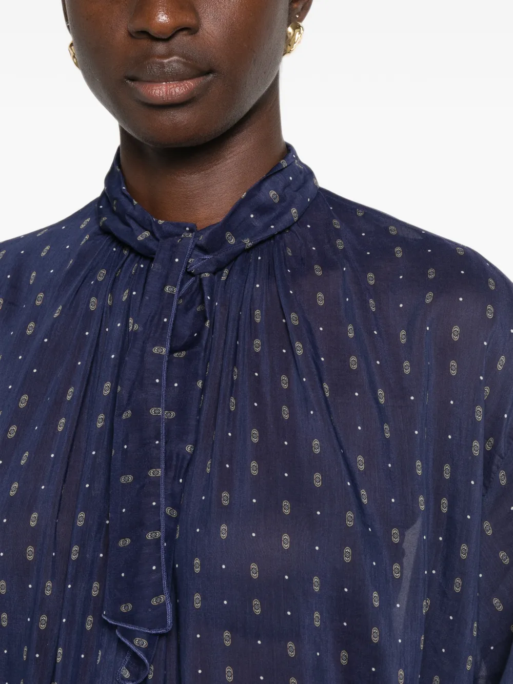 Forte Blouse met geometrische print en gestrikte hals Blauw
