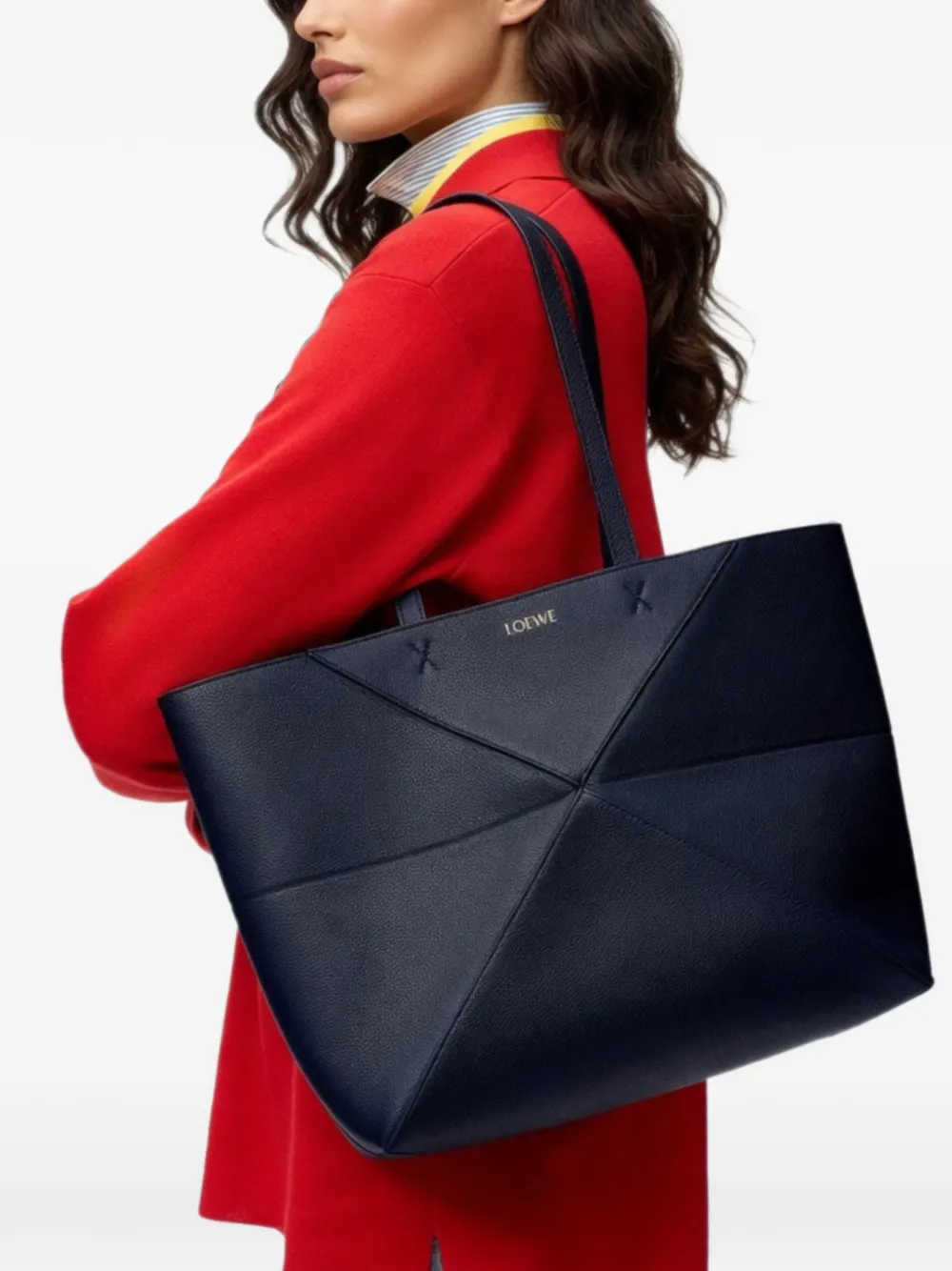 Loewe Medium Horizontal Puzzle Fold Tote in Soft Grained Calfskin in Blue, view 2