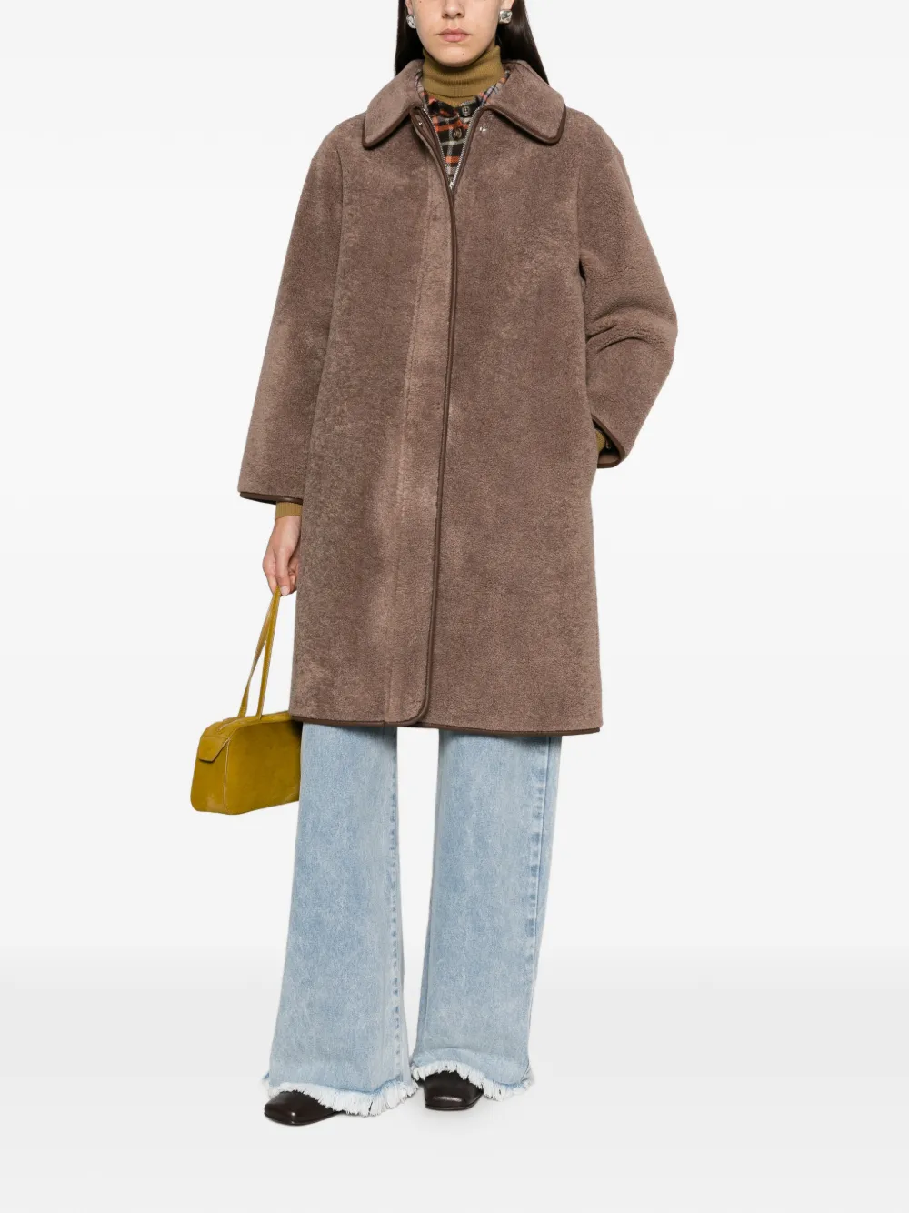 Yerse Faux-shearling Piped-trim Coat In Brown