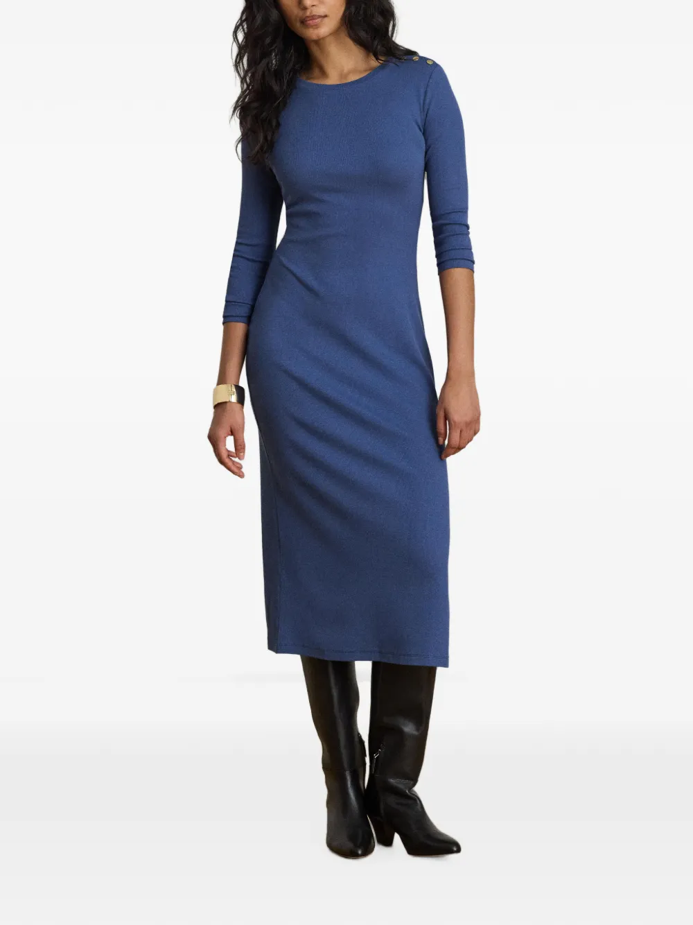 Lauren Ralph Lauren Ribgebreide jurk met knoopafwerking Blauw