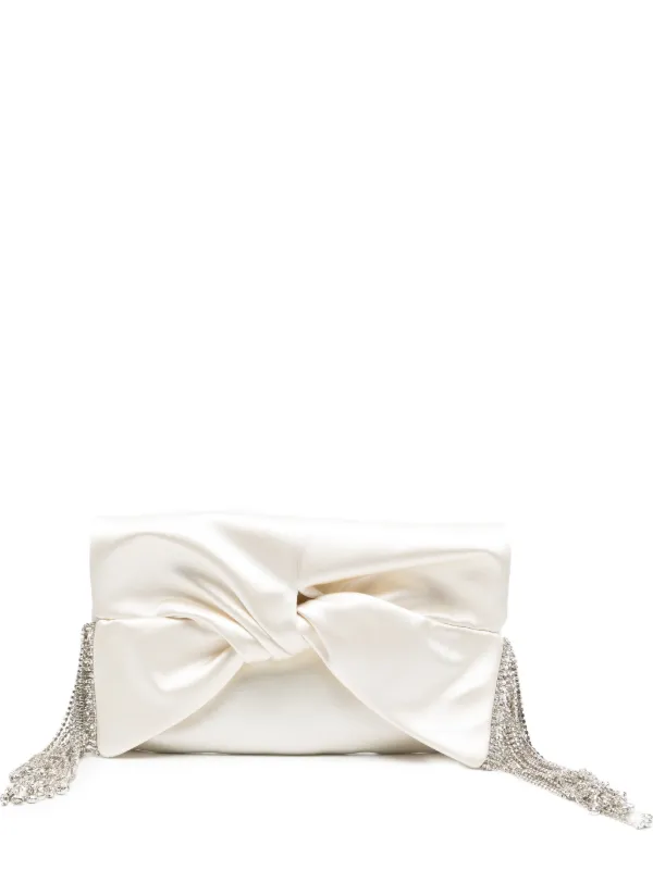 Anya Hindmarch Bow-detail Crystal-fringe Clutch Bag in Neutrals