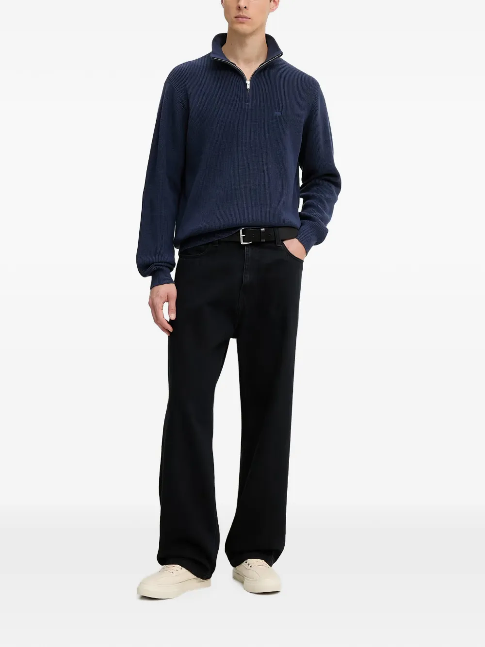 Levi's Housemark geribbelde trui met kwartrits Blauw