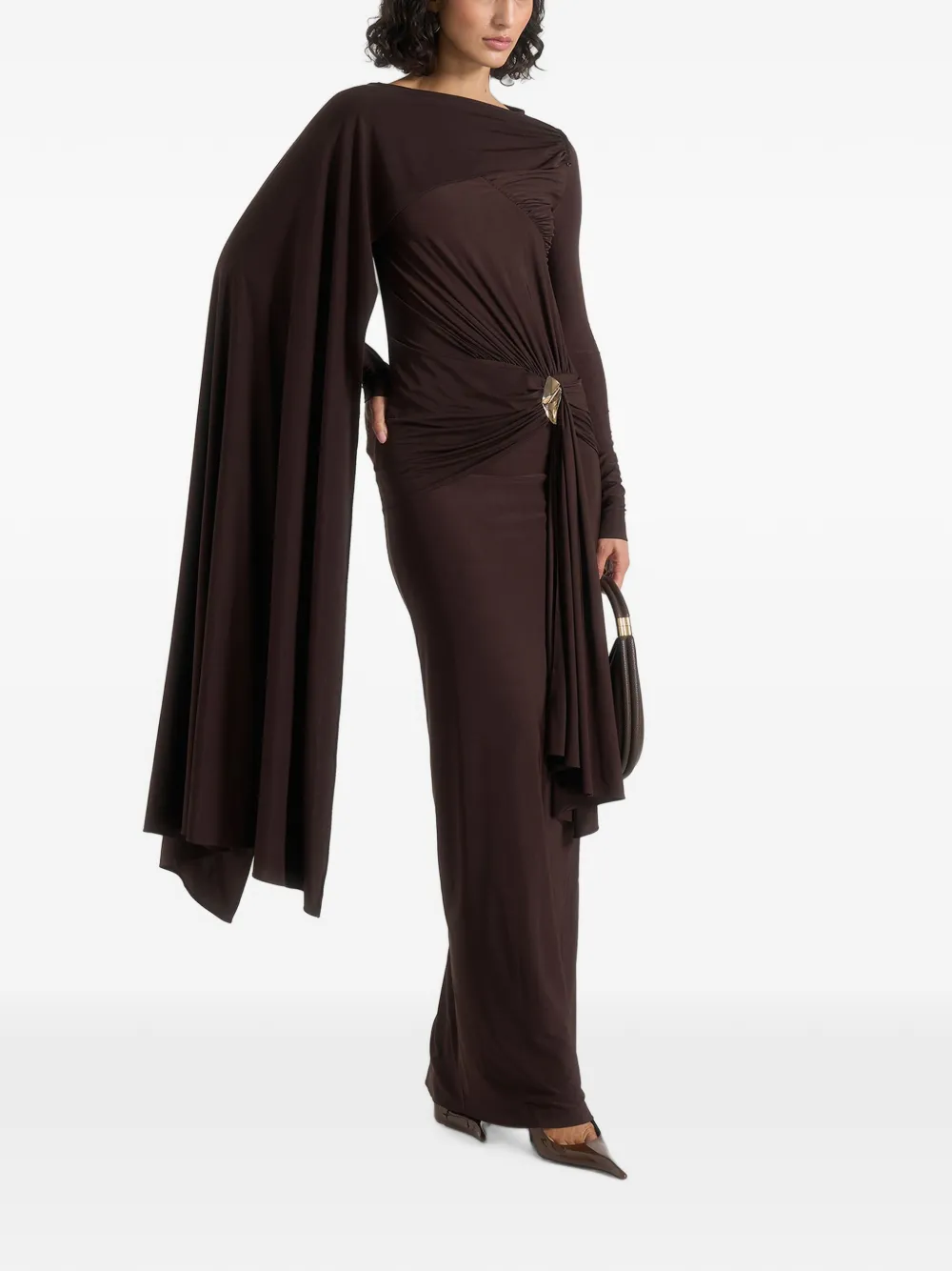Manière De Voir Edena in brown asymmetric ruched draped maxi dress