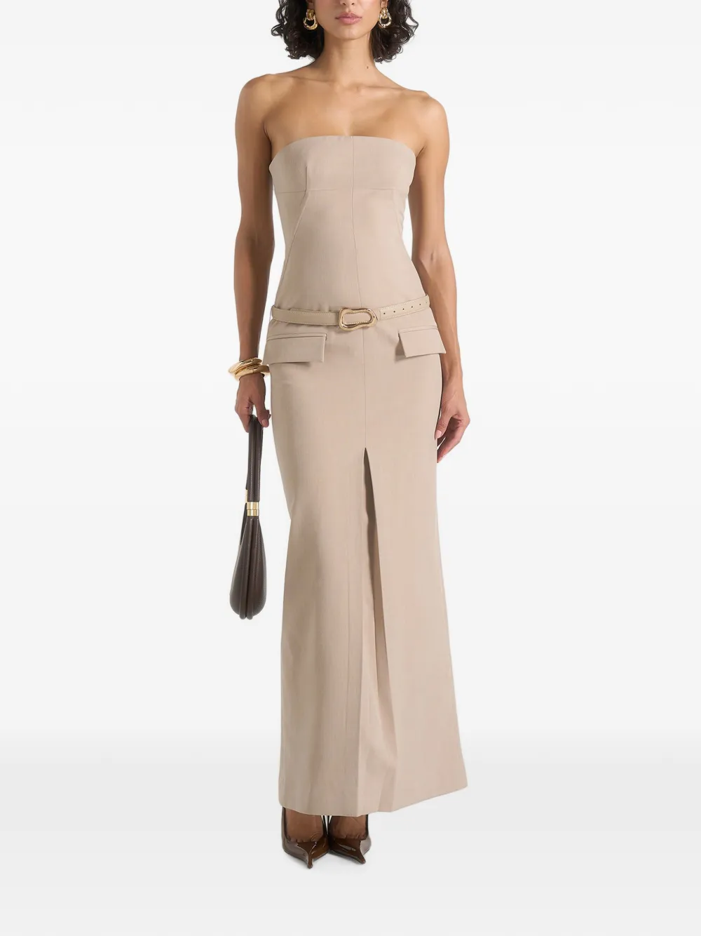 Manière De Voir Tabitha in beige tailored bandeau belted maxi dress