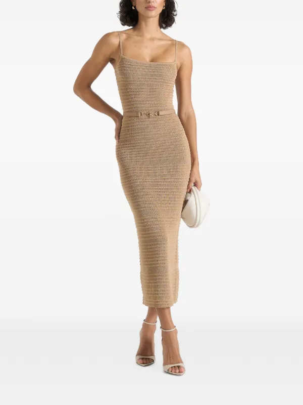 Women's Metallic Rib Knit Belted Midi Dress - Gold - L - Danika