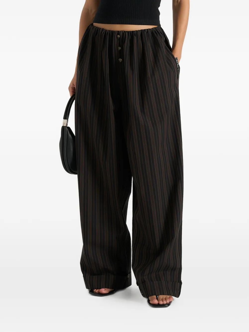 Manière De Voir Ivanna in black/brown elasticated wide-leg striped cotton trousers - Nero