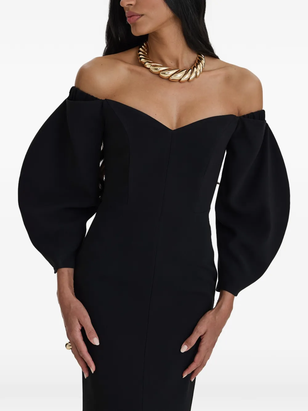 MOOS STUDIO Off-shoulder maxi-jurk met pofmouw Zwart