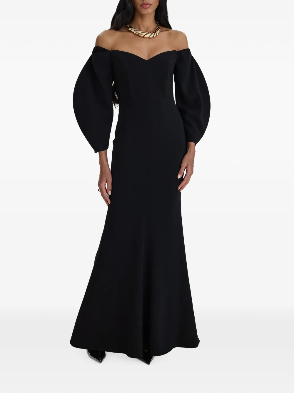 MOOS STUDIO Off-shoulder maxi-jurk met pofmouw Zwart