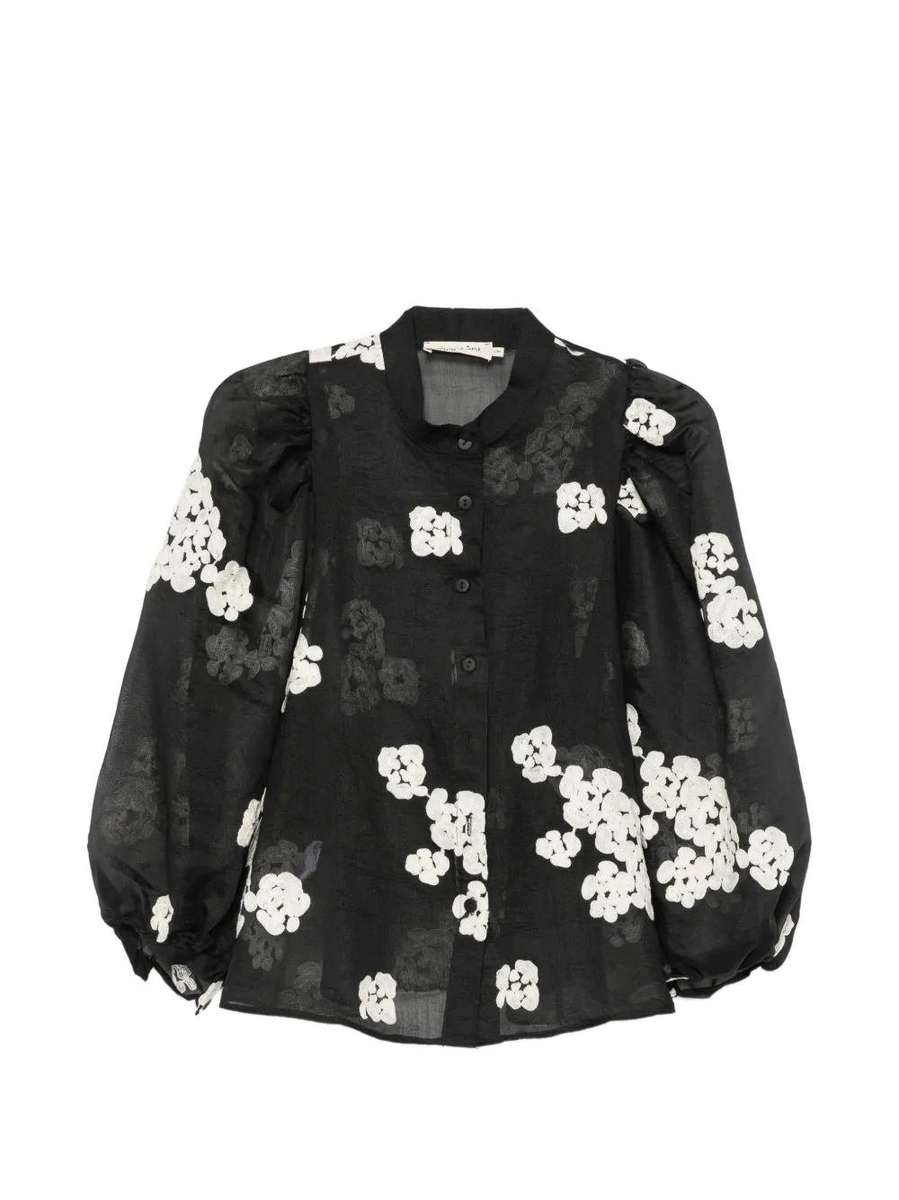 MOUTAKI floral-embroidered puff-sleeve shirt - Nero