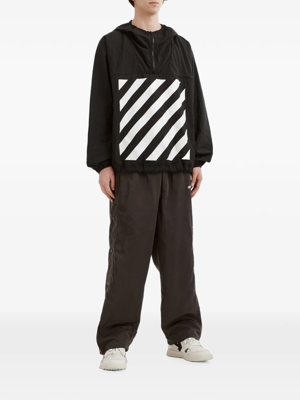 Off-White Windjack met capuchon en Diagonals-patroon Zwart