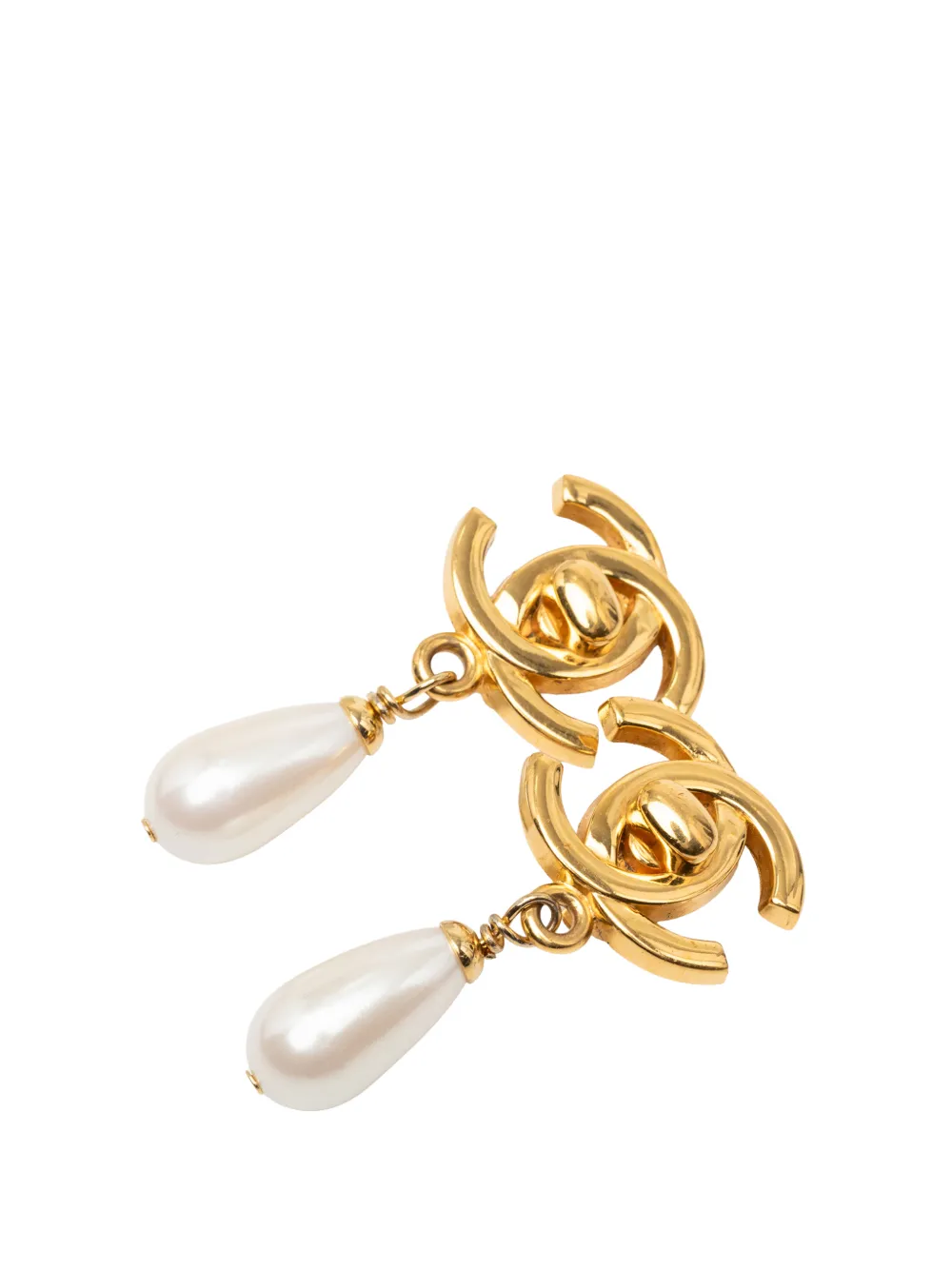CHANEL Pre-Owned 1996 CC Gold Plated Faux Pearl Drop Turn Lock Clip On Earrings costume earrings