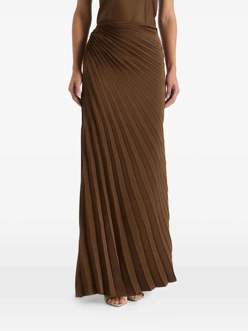 Manière De Voir Fiona In Brown Satin Fan-pleat Maxi Skirt In Multi