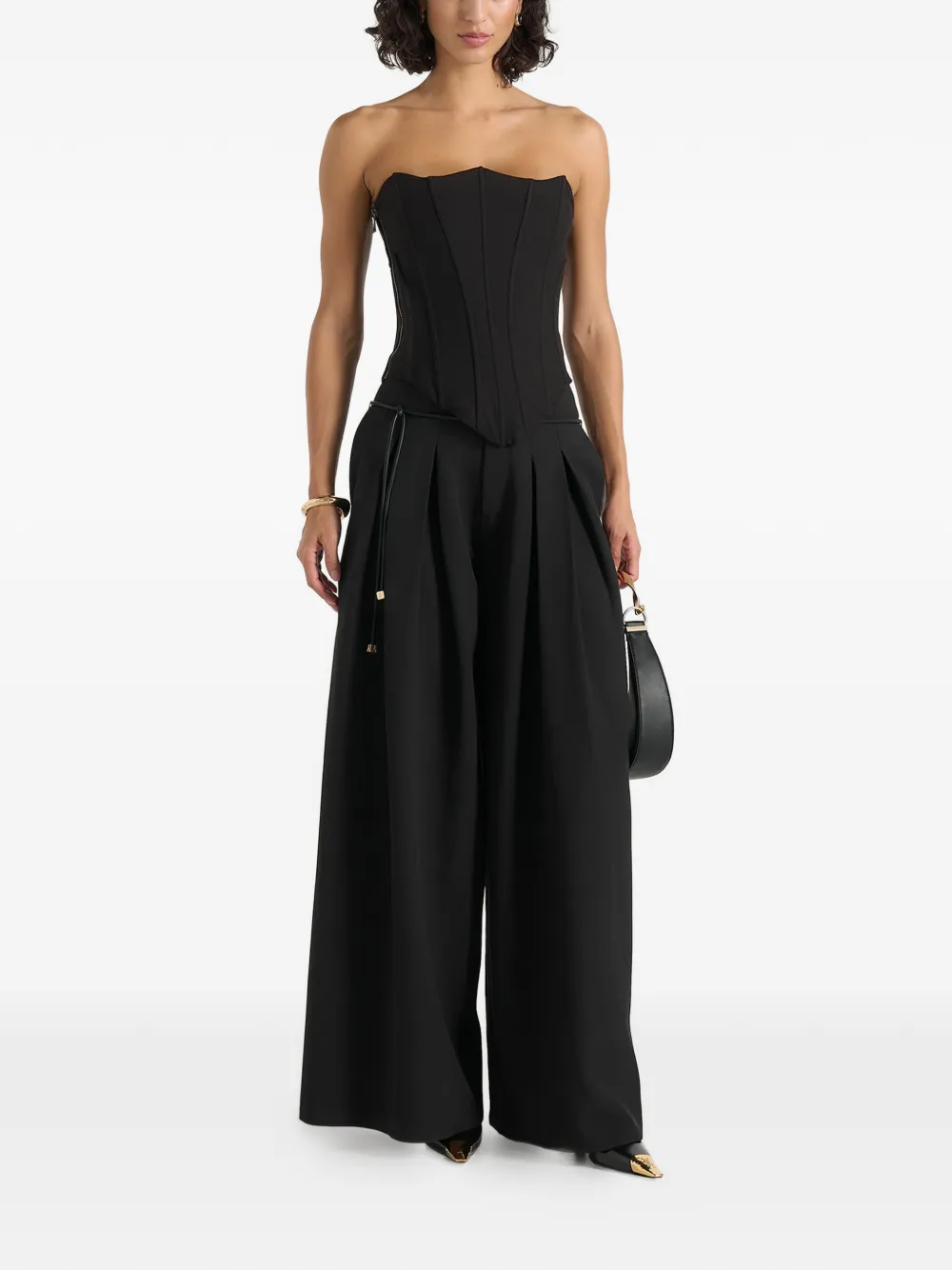 Manière De Voir Flora in black geplooide broek met wijde pijpen en ceintuur Zwart