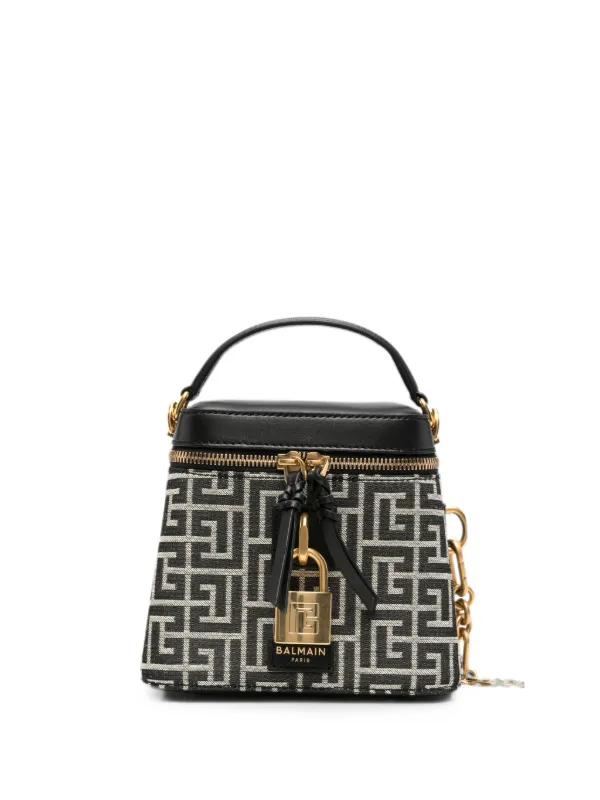 Balmain Monogram-pattern Calf Leather-trim Mini Bag in Black