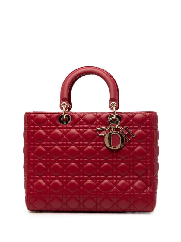 Dior Pre-owned 2018 Large Lambskin Cannage Lady Dior Satchel in Red