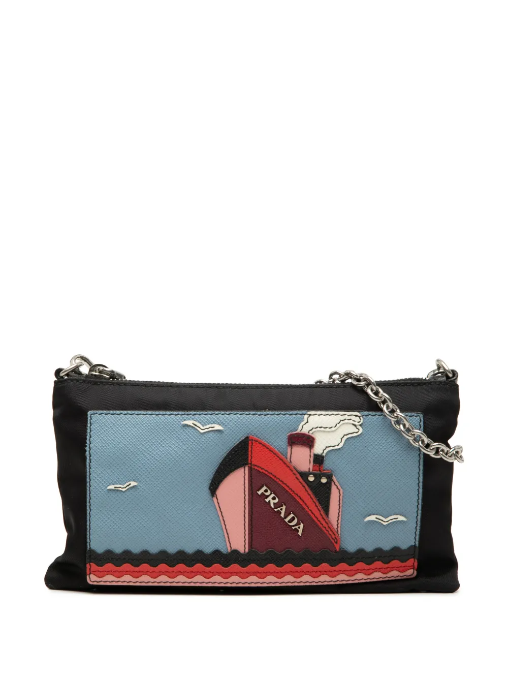 Pre-owned Prada 2000-2013 Tessuto And Saffiano Ship Chain Pochette Shoulder Bag In Blue