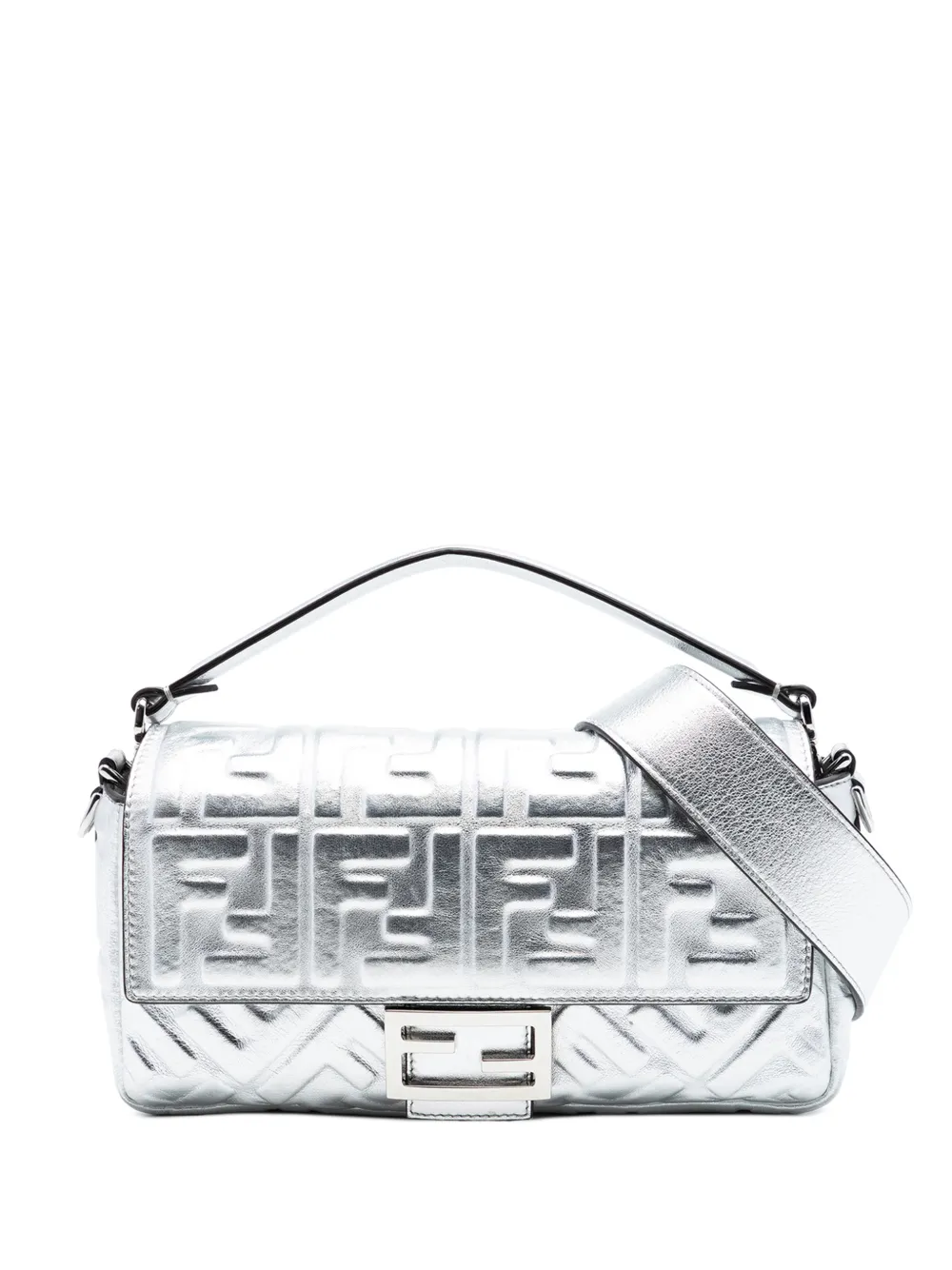 Fendi Pre-Owned 2010-2026 Medium Metallic Leather Embossed FF Baguette satchel - Argento