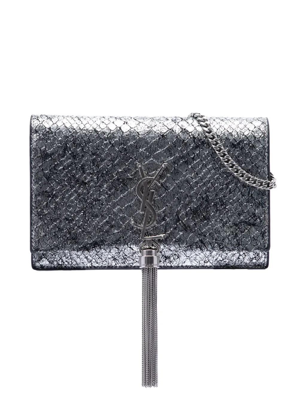 Saint Laurent Pre-Owned 2019 Python Embossed Metallic Leather Classic Monogram Kate Tassel Wallet on Chain crossbody bag - Argento