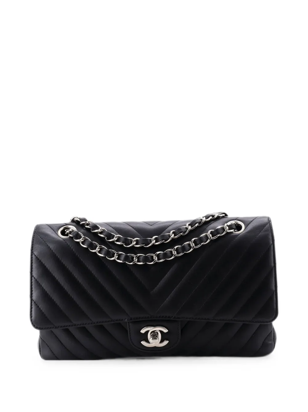 CHANEL Pre-Owned Borsa a spalla Classic Double Flap media in pelle di agnello con motivo chevron - Nero