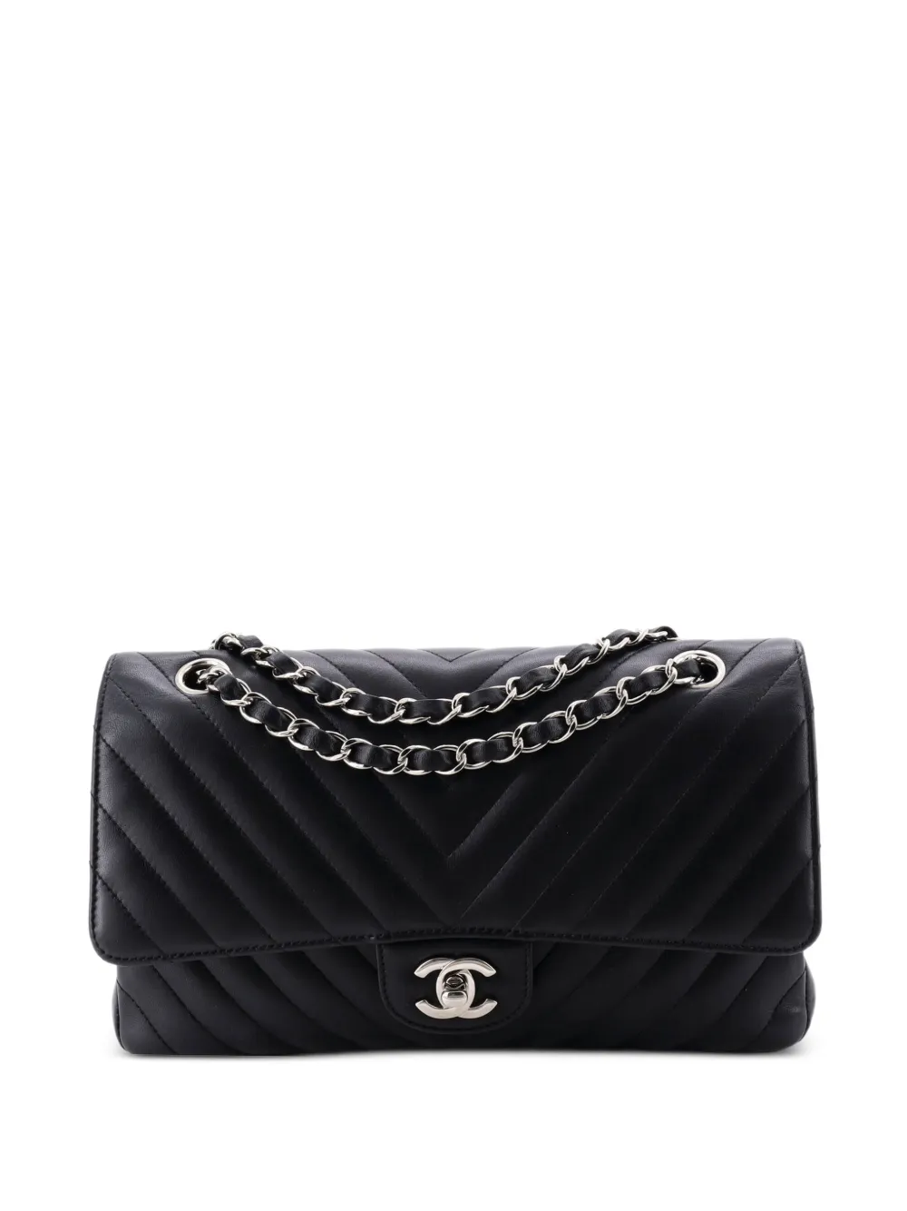 CHANEL Pre-Owned Borsa a spalla Classic Double Flap media in pelle di agnello con motivo chevron - Nero