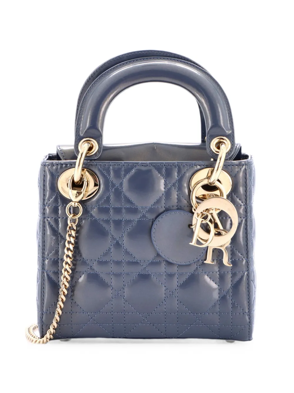Christian Dior Pre-Owned Borsa a tracolla Lady Dior mini in pelle verniciata trapuntata con motivo Cannage e catena - Blu