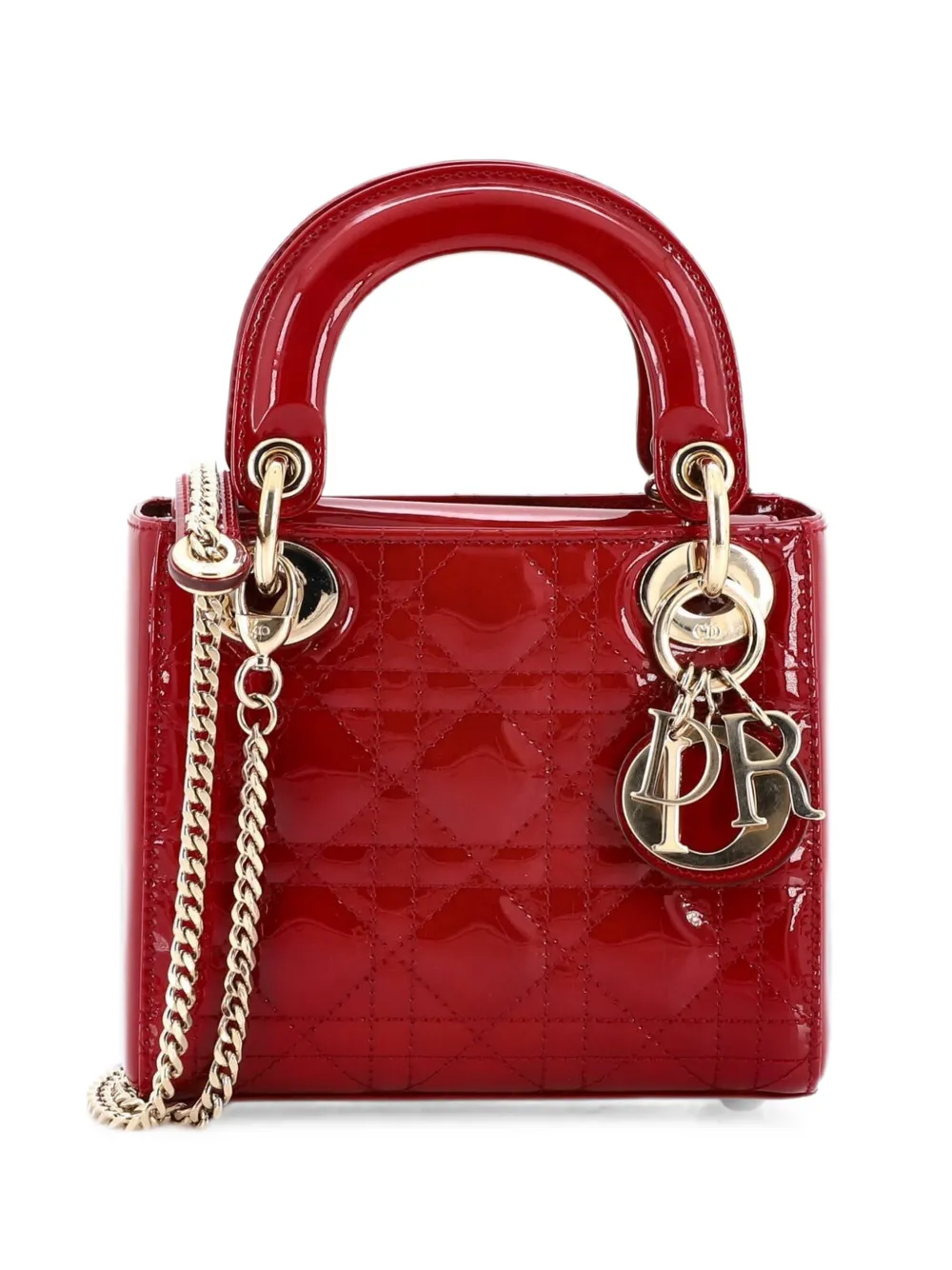 Christian Dior Pre-Owned Borsa a tracolla Lady Dior mini in pelle verniciata trapuntata con motivo Cannage e catena - Rosso