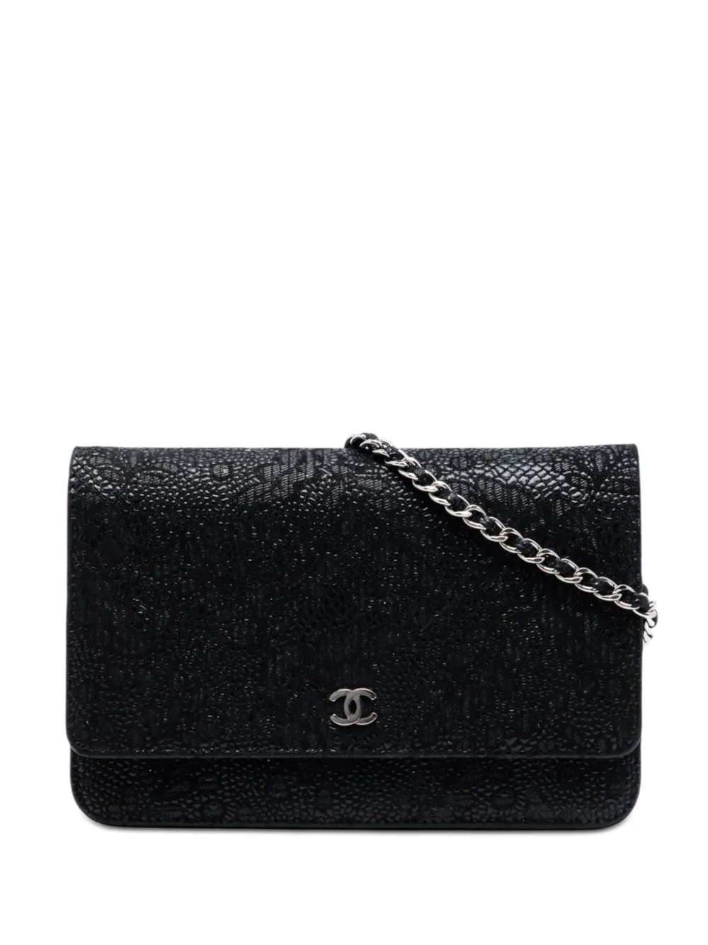 CHANEL Pre-Owned 2013-2014 CC Lace Overlay Goatskin Wallet On Chain crossbody bag - Nero