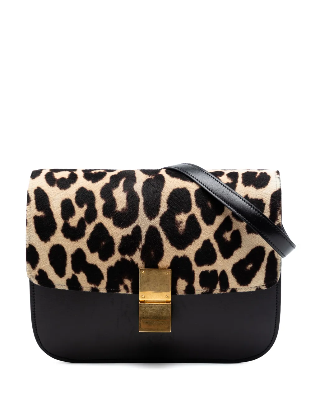 Celine Pre-Owned 2012 Medium Calfskin and Leopard Print Pony Hair Classic Box crossbody bag - Black