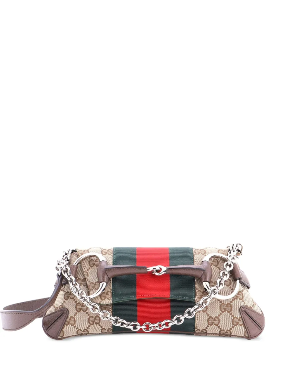 Gucci Pre-Owned Horsebit NM Web Chain Clutch GG Canvas Small shoulder bag - Marrone