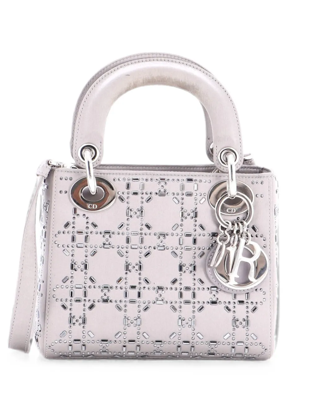 Christian Dior Pre-Owned Borsa a tracolla Lady Dior mini in raso trapuntato con motivo Cannage e cristalli - Grigio