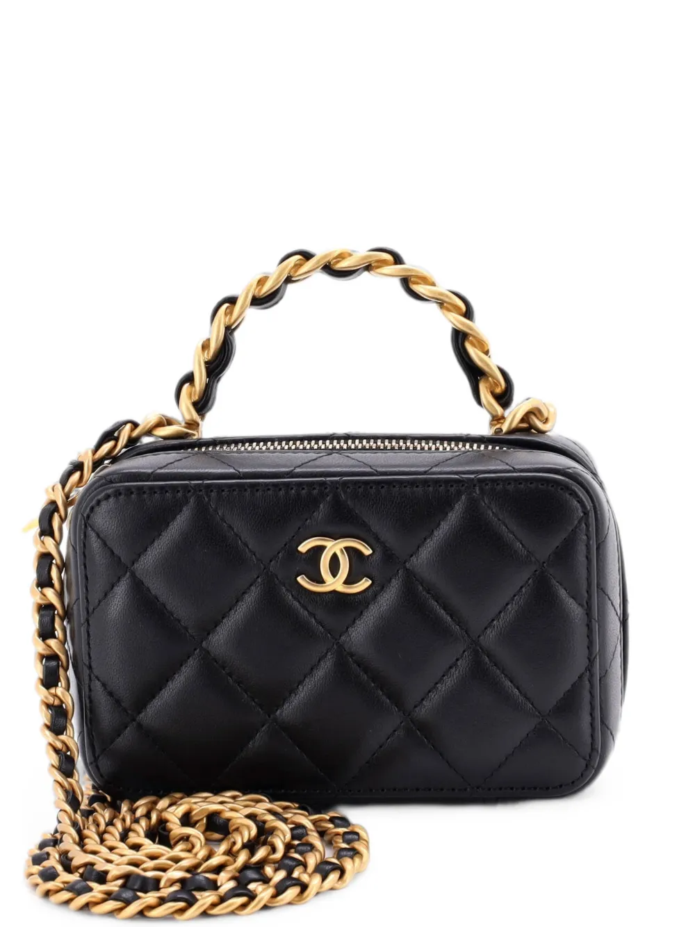CHANEL Pre-Owned Borsa a tracolla CC Vanity Case mini in pelle di agnello trapuntata con manico e zip - Nero