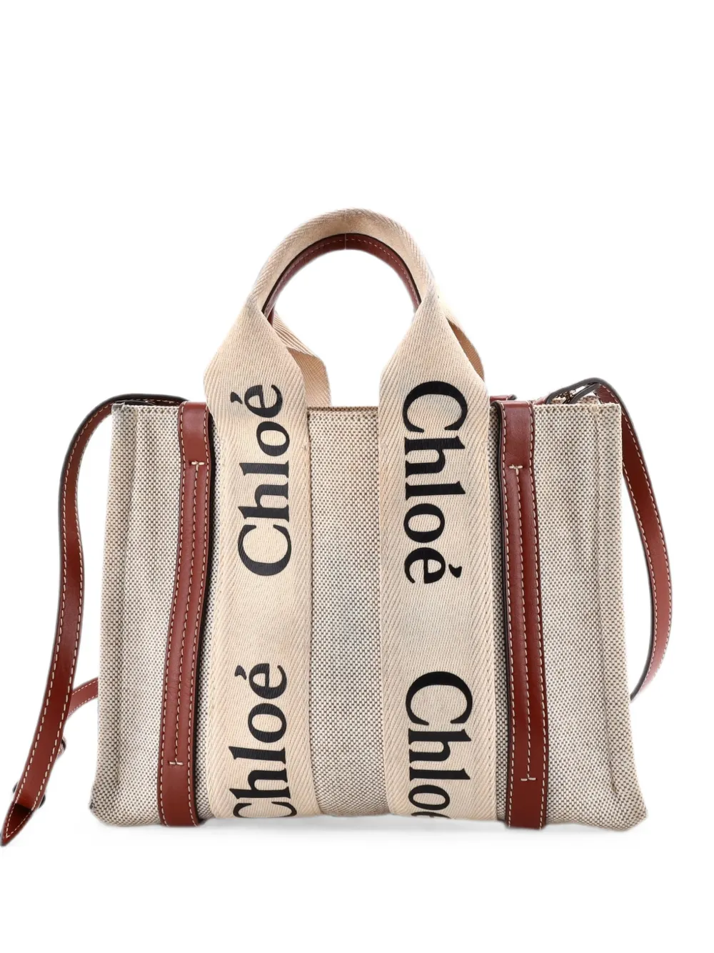 Pre-owned Chloé Woody Convertible Canvas With Leather Small Tote Bag In Neutral