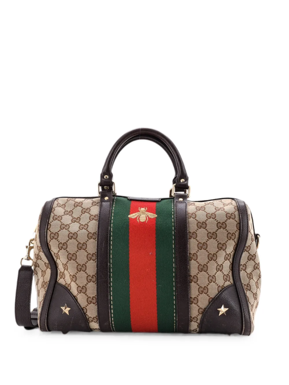 Gucci Pre-Owned Borsa a tracolla Boston Bee media in tela GG con decorazione Web - Marrone