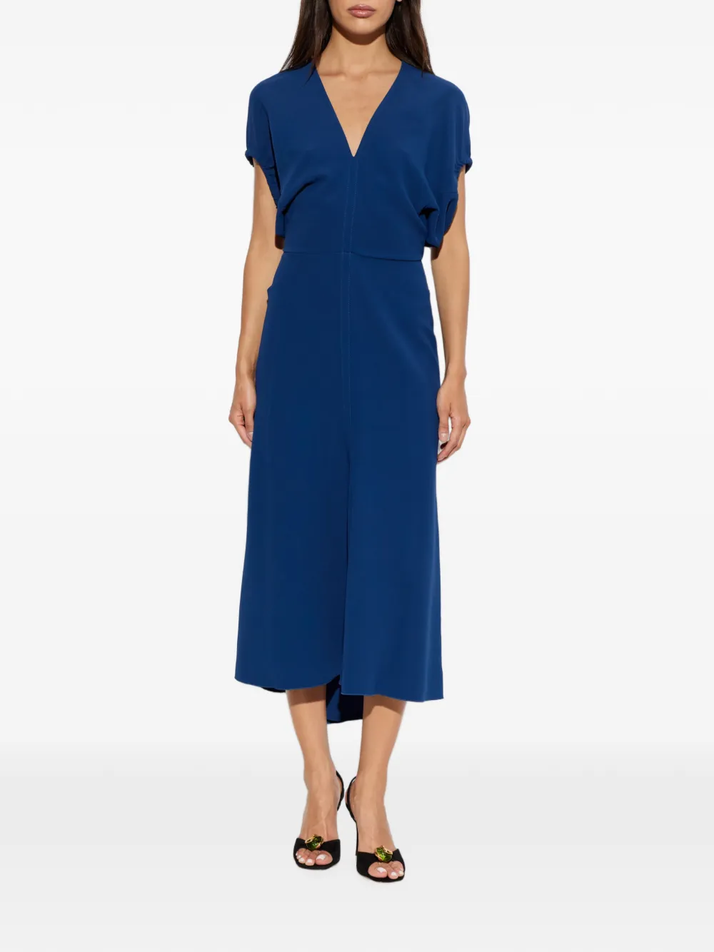 Victoria Beckham Midi-jurk met V-hals en korte mouwen Blauw