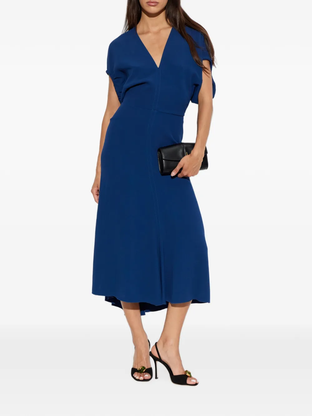 Victoria Beckham Midi-jurk met V-hals en korte mouwen Blauw