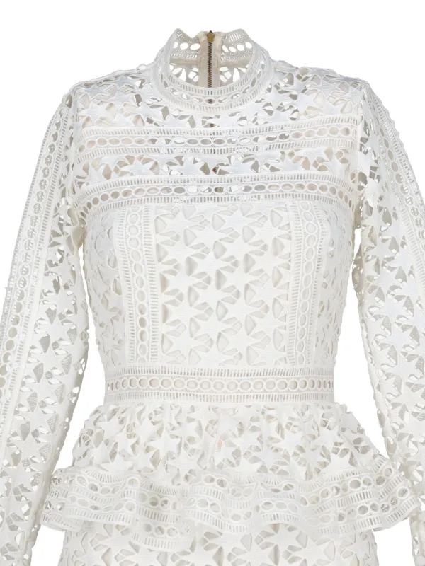 self portrait tiered guipure lace mini dress Self-Portrait Guipure Lace Tiered Mini Dress | White