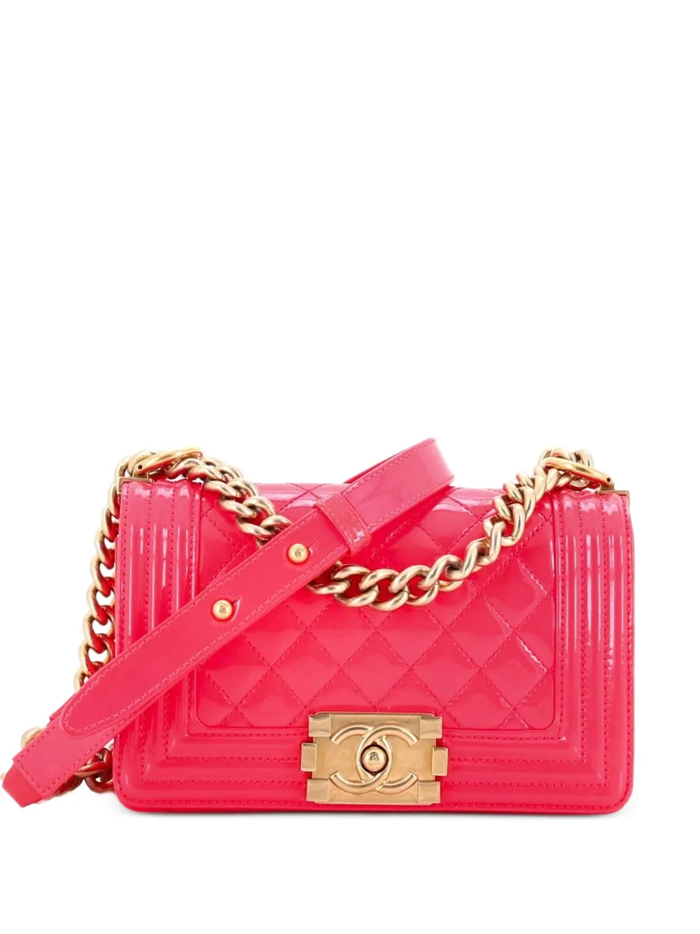 CHANEL Pre-Owned Borsa a tracolla Boy piccola in pelle verniciata trapuntata con battente - Rosa