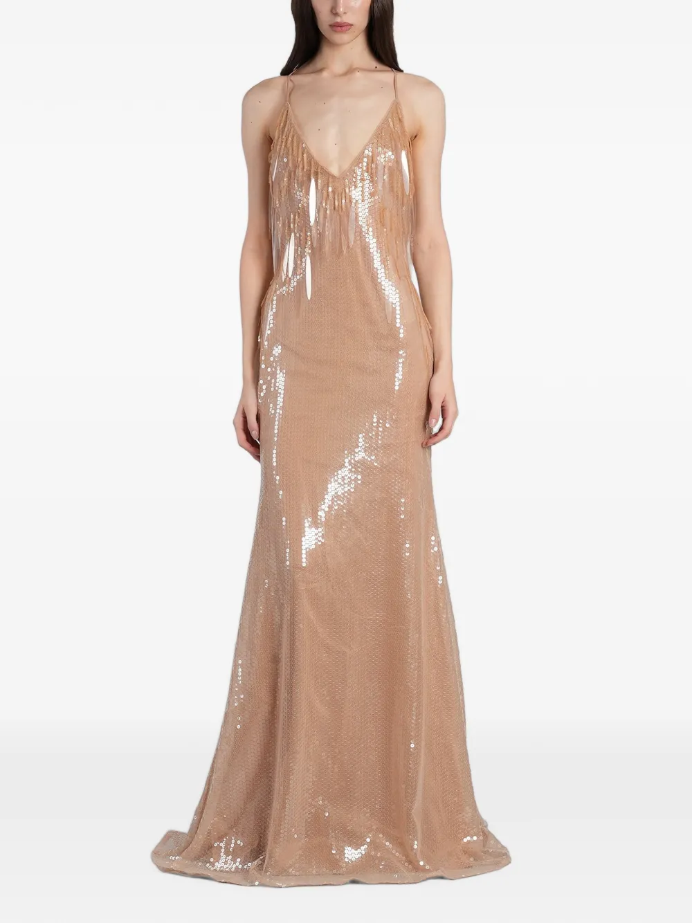 David Koma sequin-embellished fringed maxi dress - Neutrals