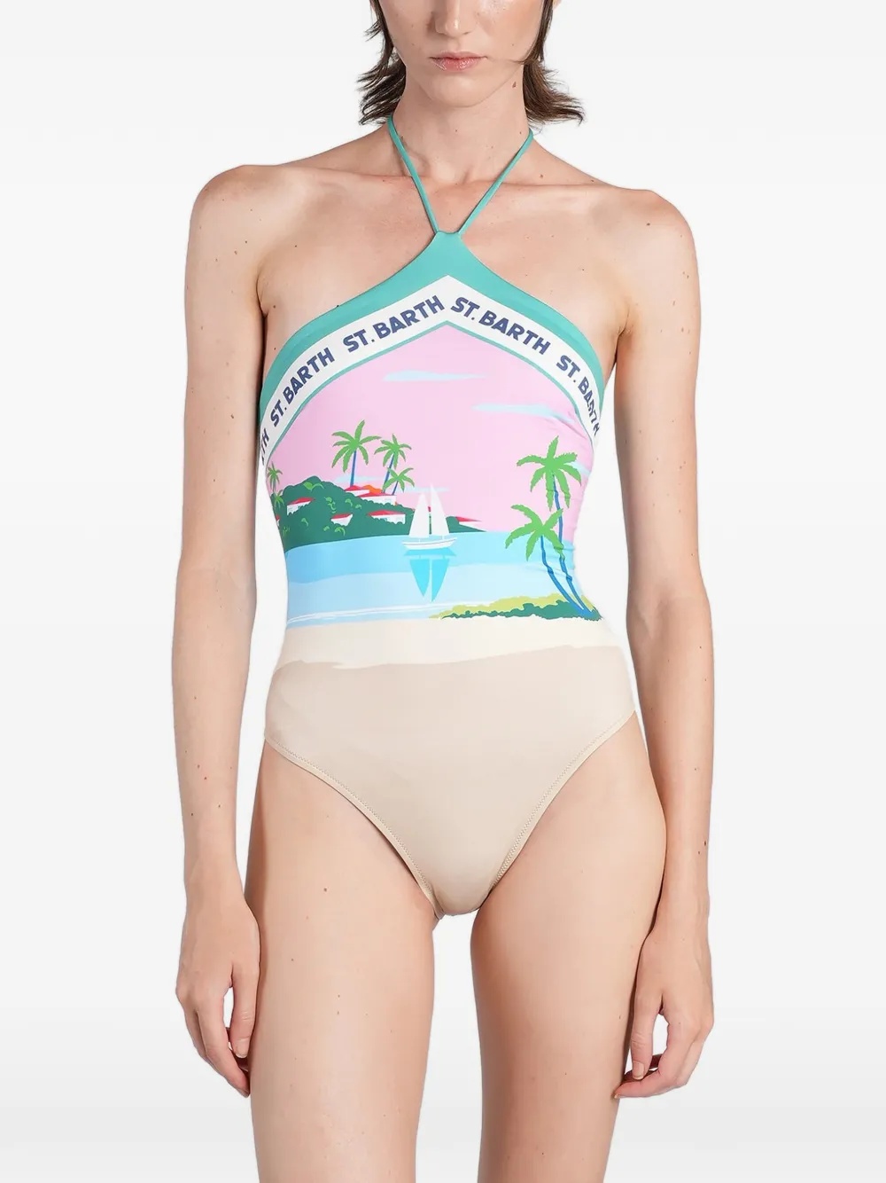 Mc2 Saint Barth Graphic-print Halterneck Swimsuit In Neutrals