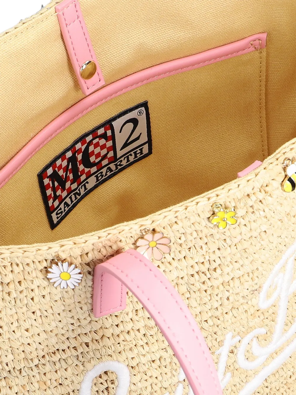 MC2 Saint Barth Raffia City midi-schoudertas verfraaid met bloemen Beige