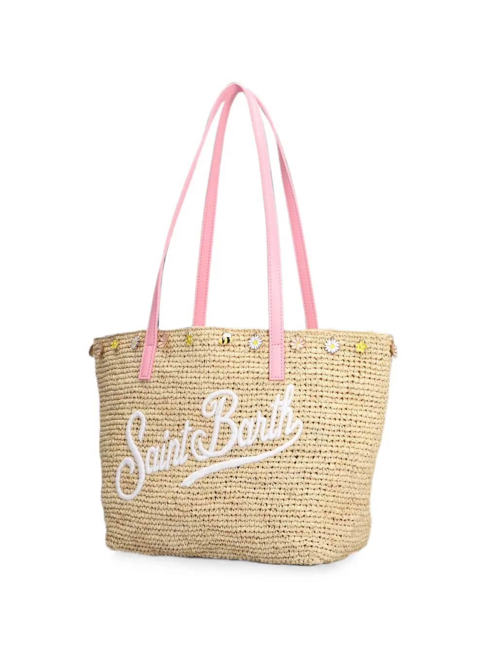 MC2 Saint Barth Raffia City midi-schoudertas verfraaid met bloemen Beige