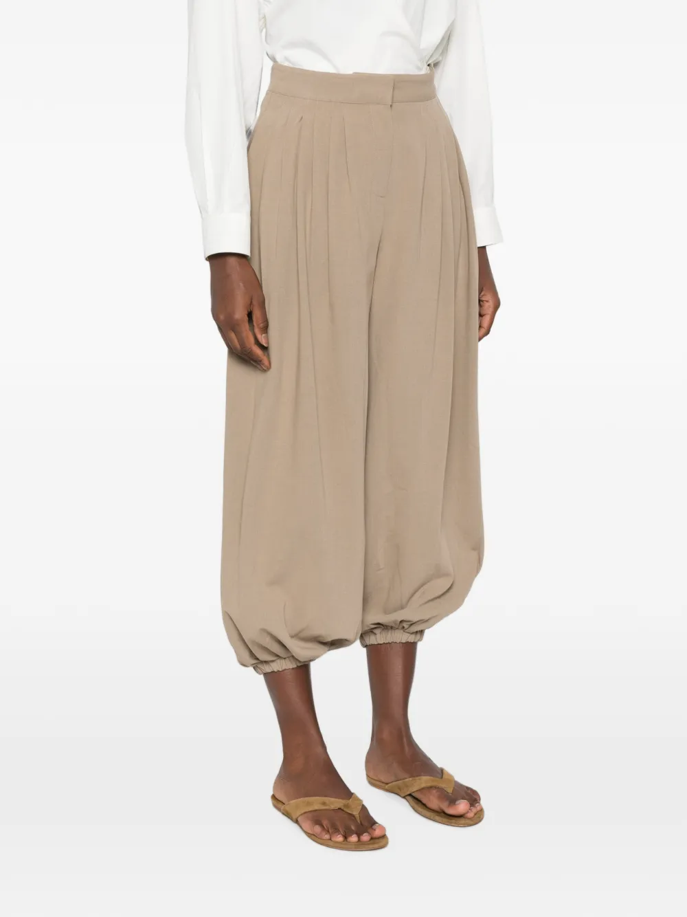 SOURCE UNKNOWN Broek met ruche detail en toelopende pijpen Beige