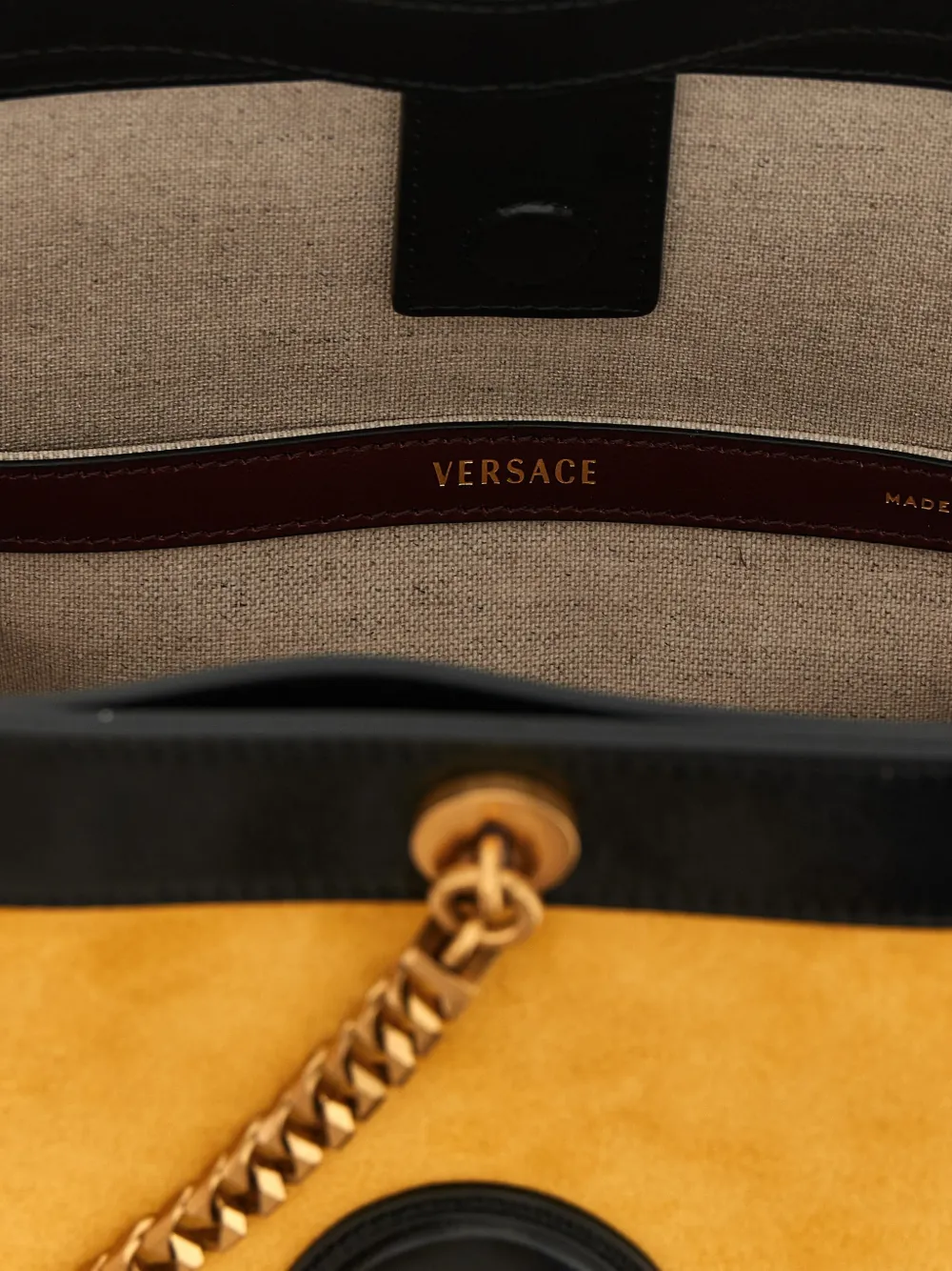 Versace Kleine Pivot suède bucket-tas Geel