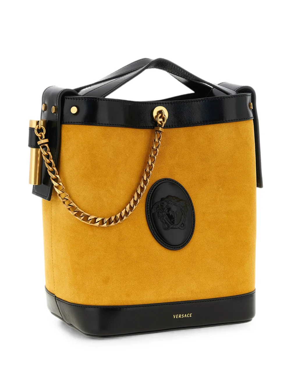 Versace Kleine Pivot suède bucket-tas Geel